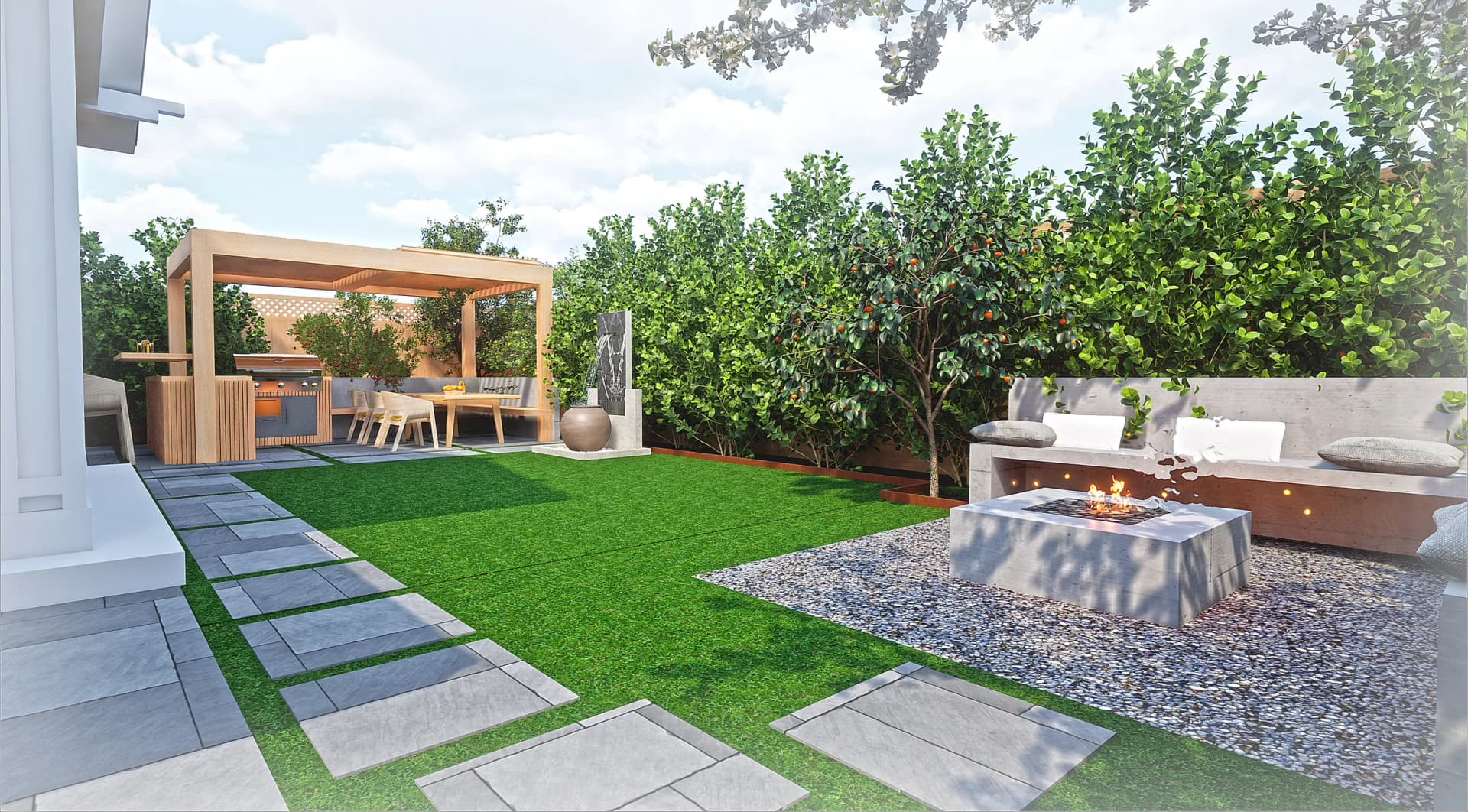 Atherton Outdoor Living Space with Beach-Style Pool, Gardens, Lawn, Kitchen, and Fire Pit