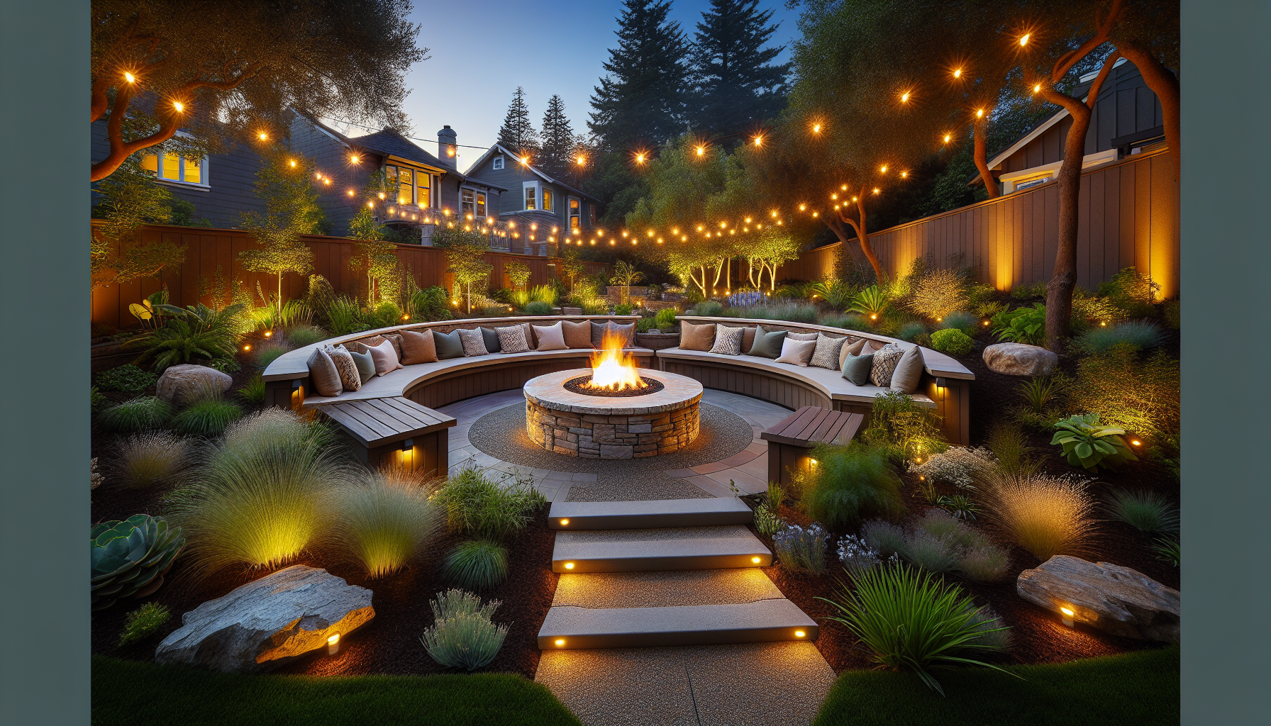 Backyard fire pit creating evening gathering space