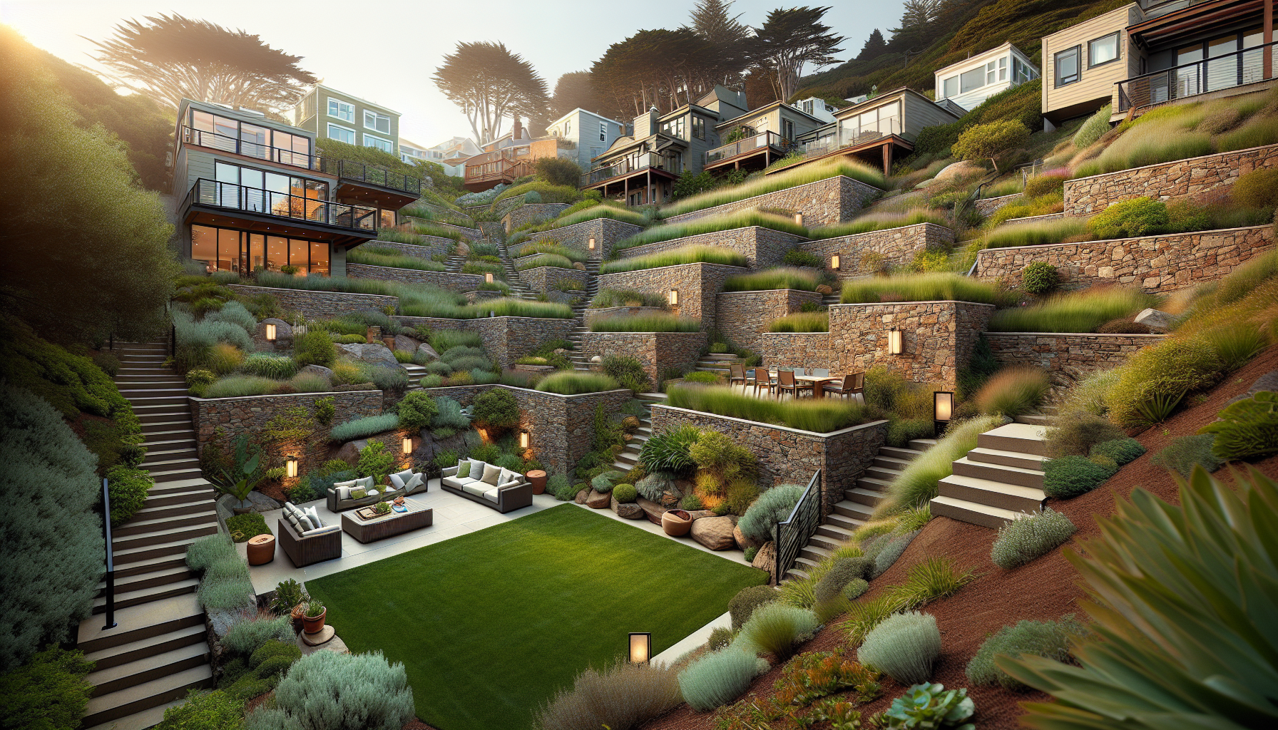 Terraced outdoor living space with multiple levels