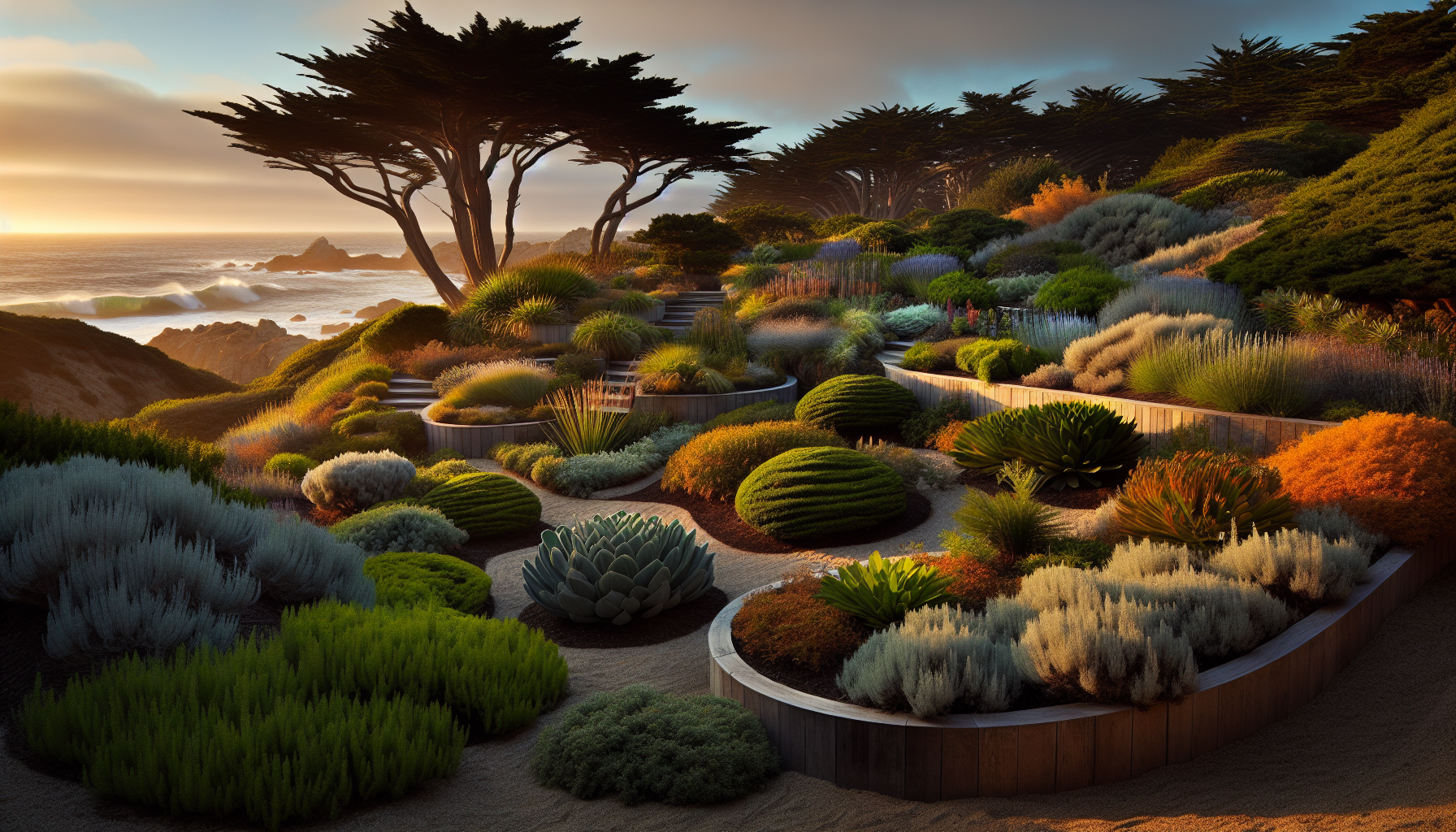 Layered coastal garden with multiple plant heights