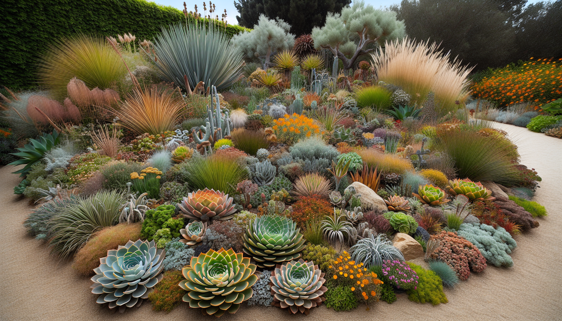 Variety of drought-tolerant plants in California garden