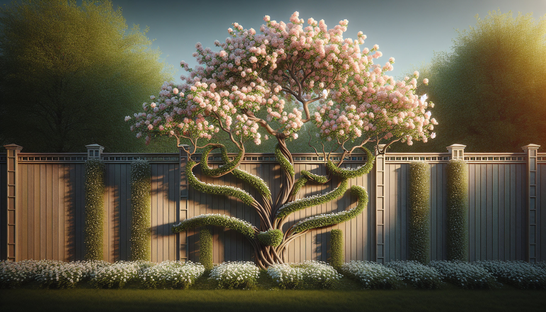 Espaliered fruit trees along fence