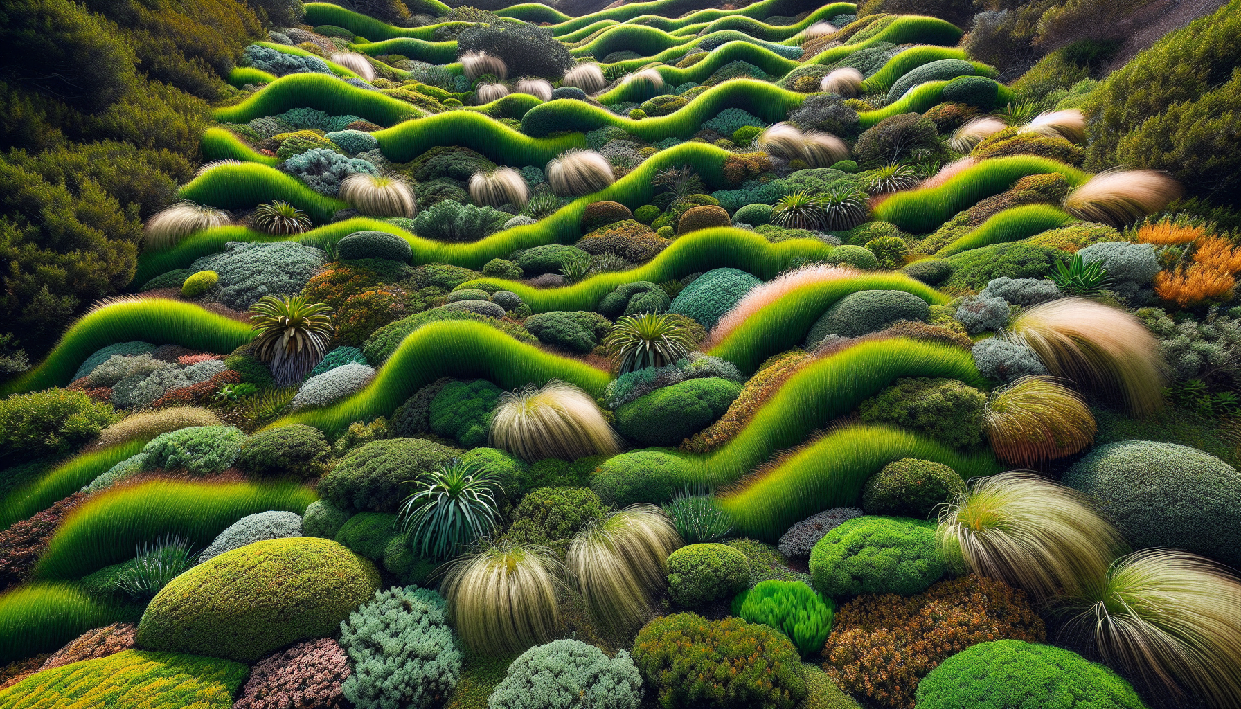 Cascading plants on hillside terraces