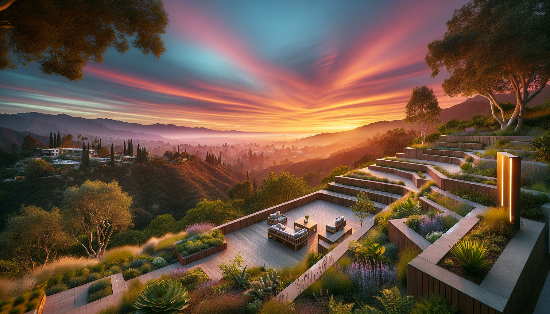 Hillside garden with sunset view