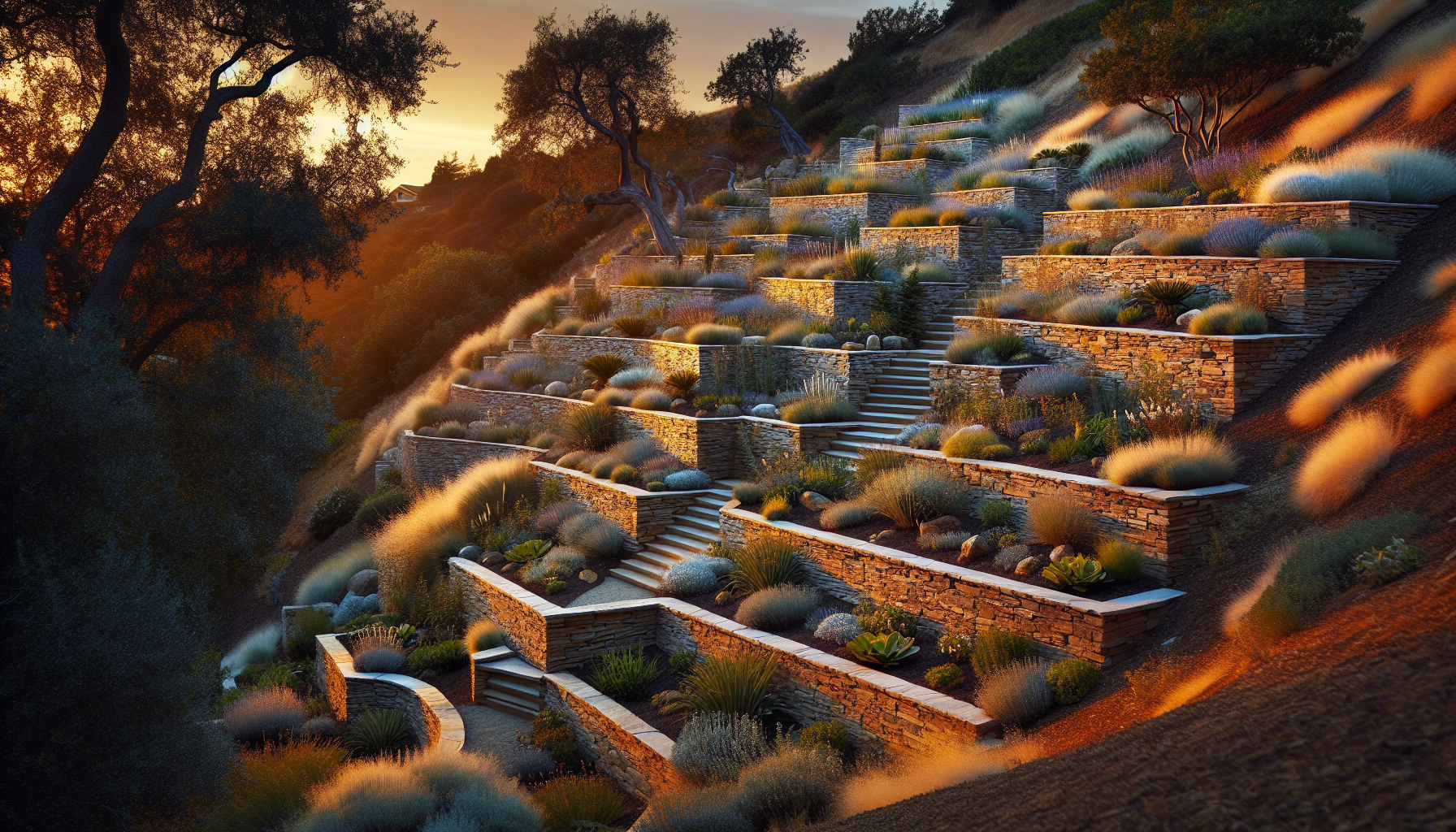 Terraced hillside garden with multiple levels