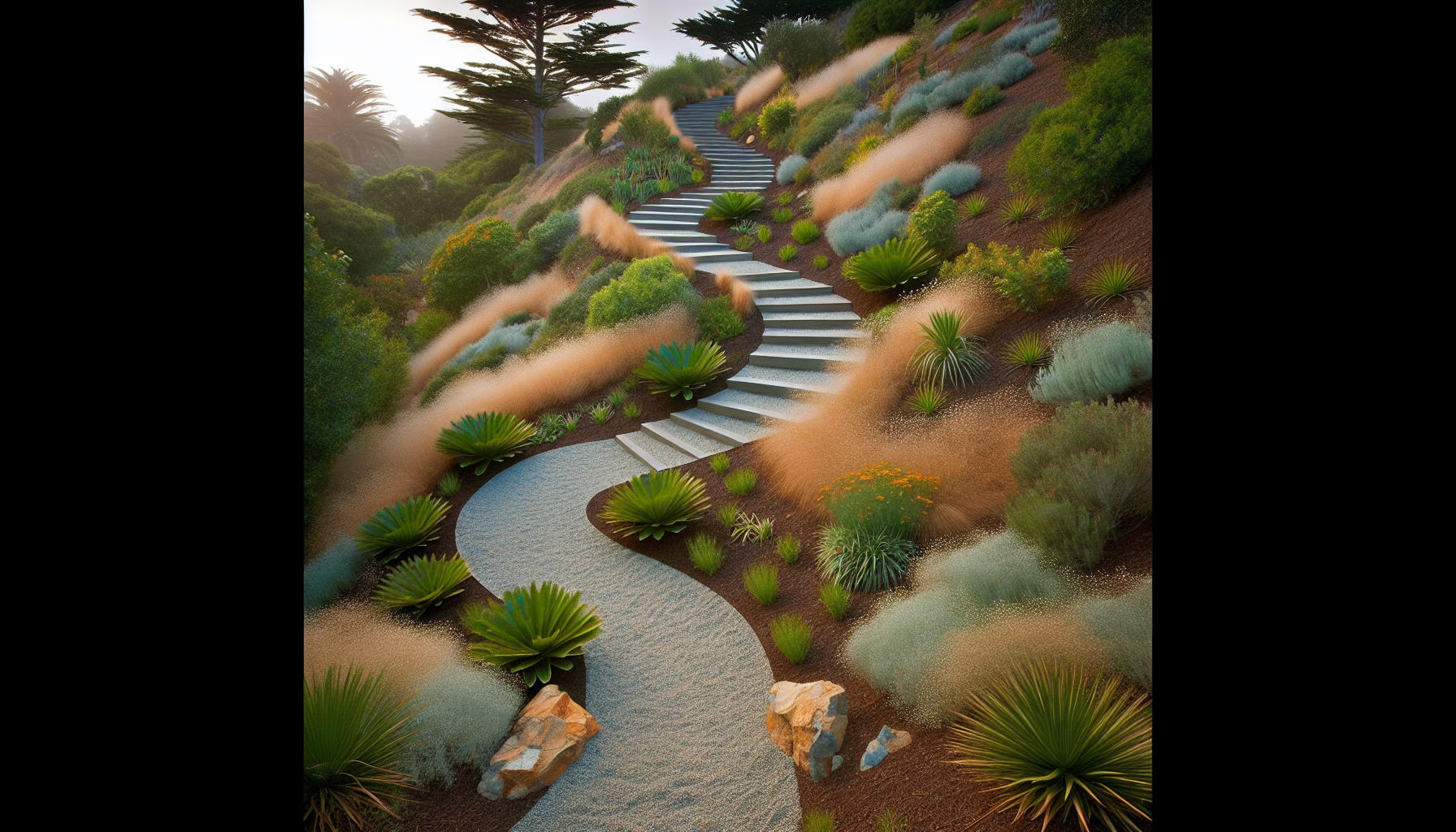 Winding garden path through hillside