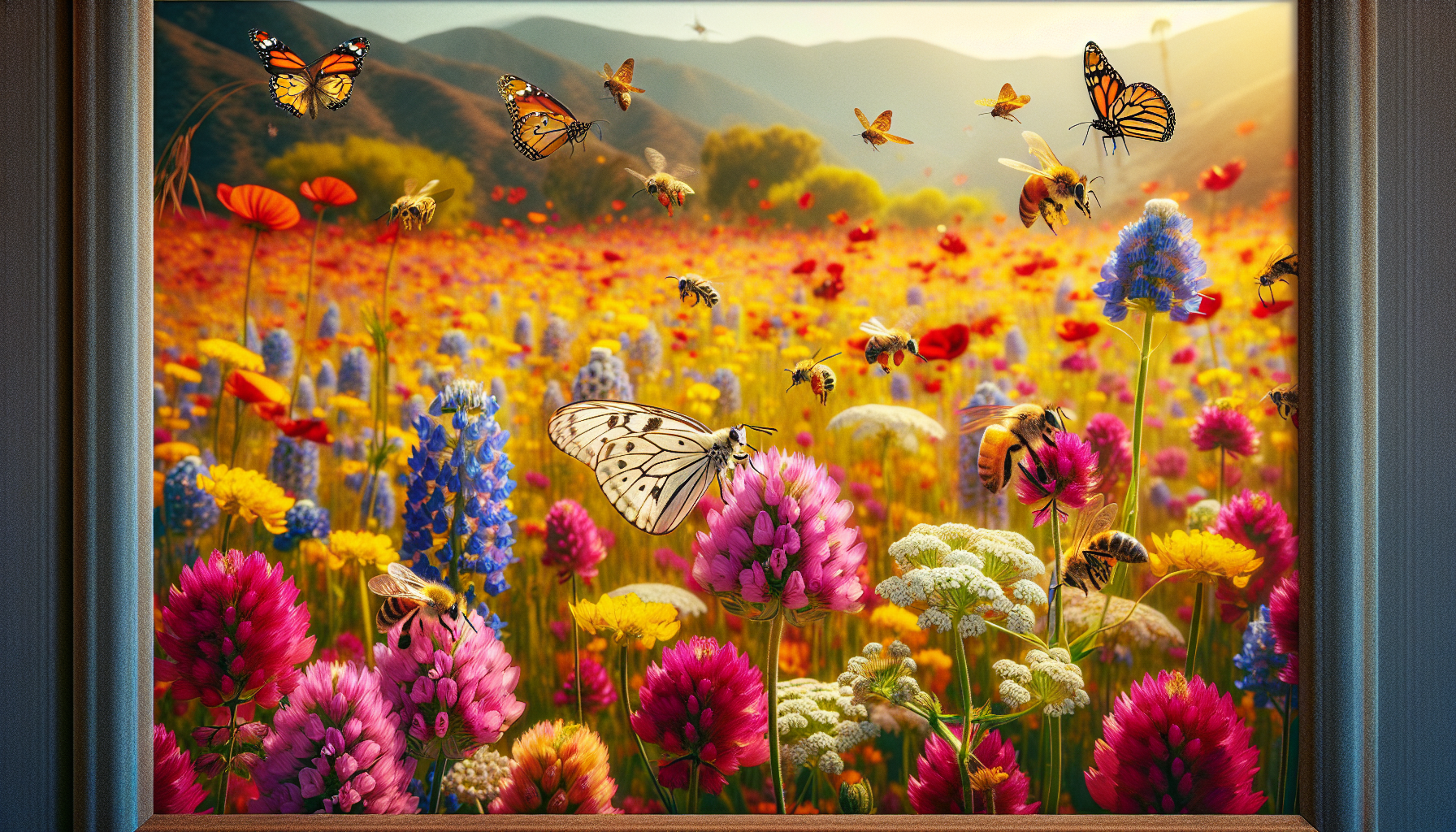 Bees and butterflies on native meadow flowers