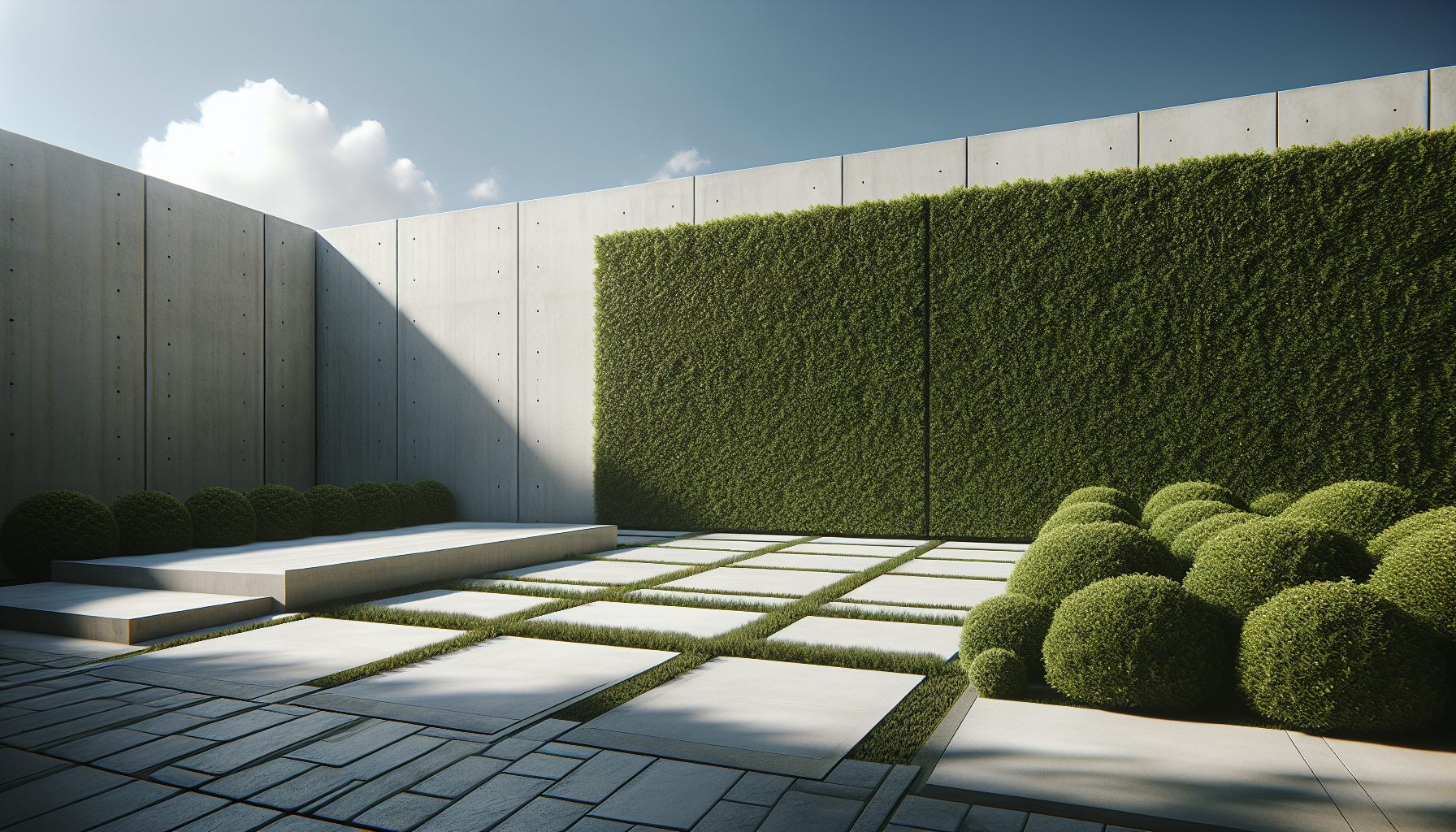 Concrete paving with crisp hedge lines