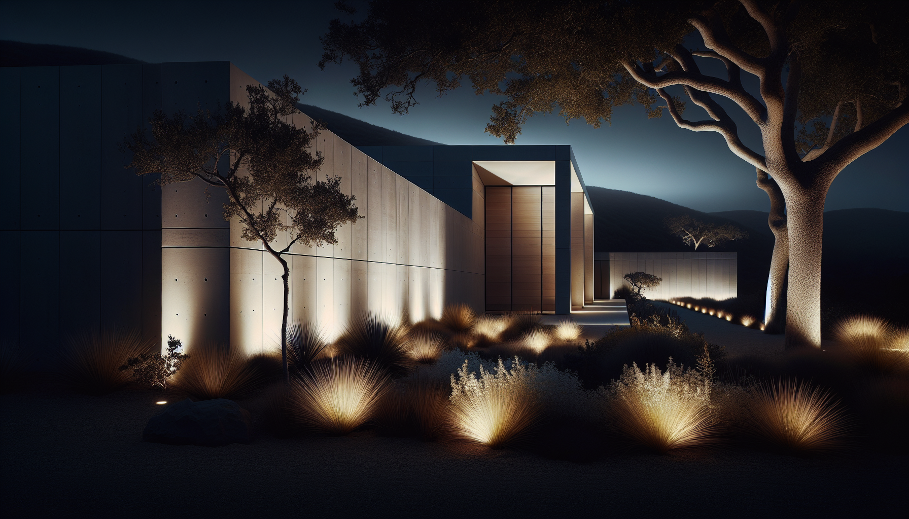 Minimalist garden illuminated at night