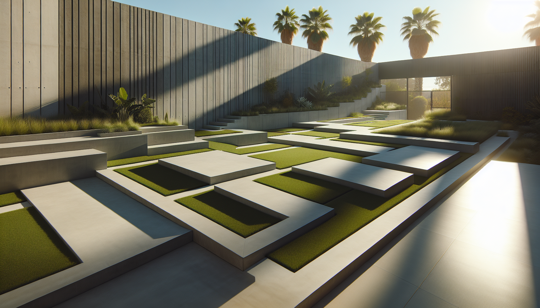 Geometric turf panels in modern landscape