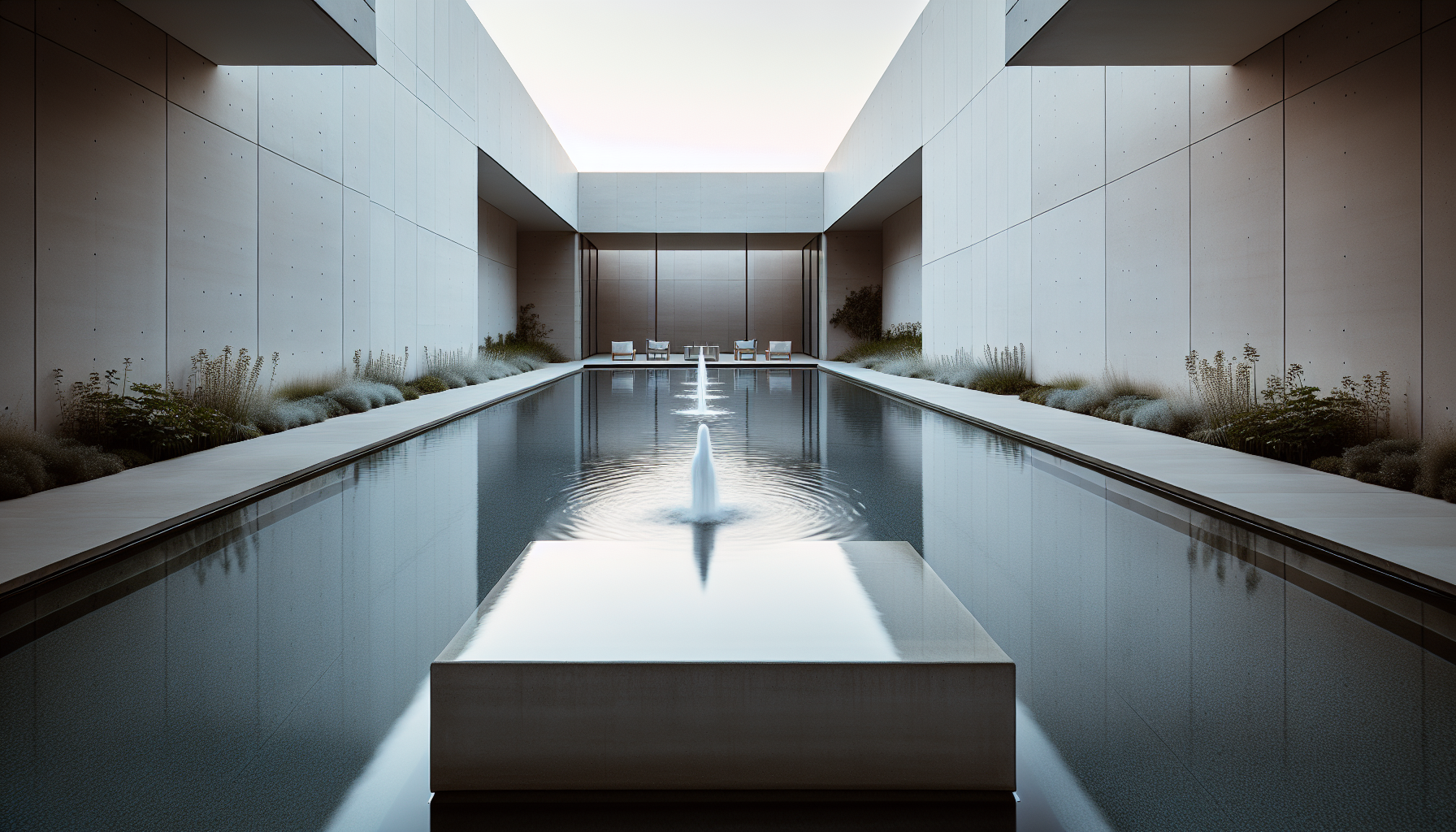 Tree reflected in minimalist water feature
