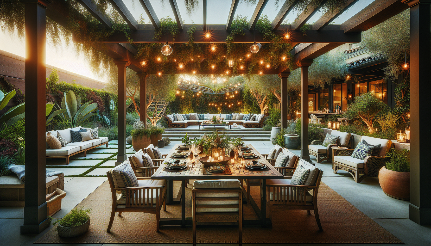 Outdoor dining under pergola