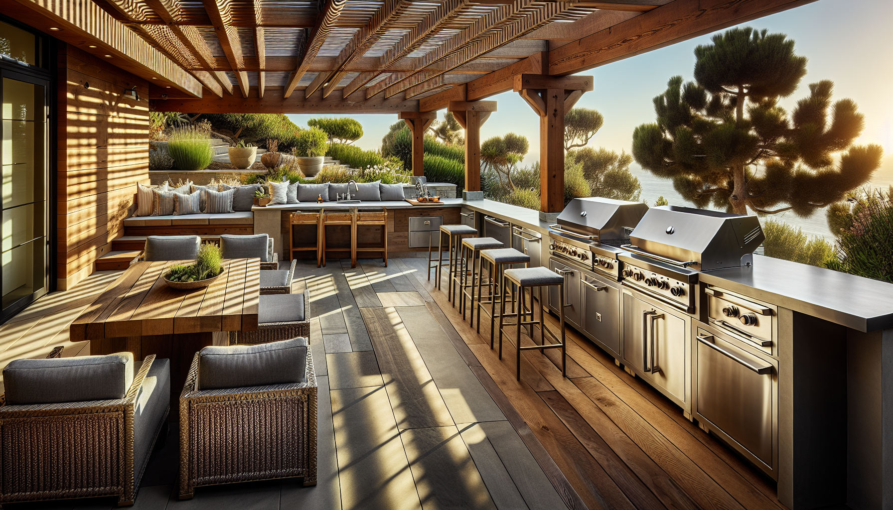Modern outdoor kitchen under pergola