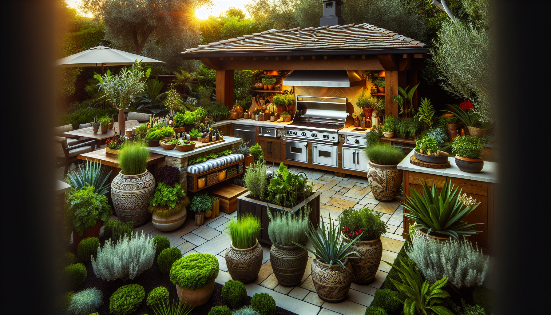 Outdoor kitchen softened with plantings