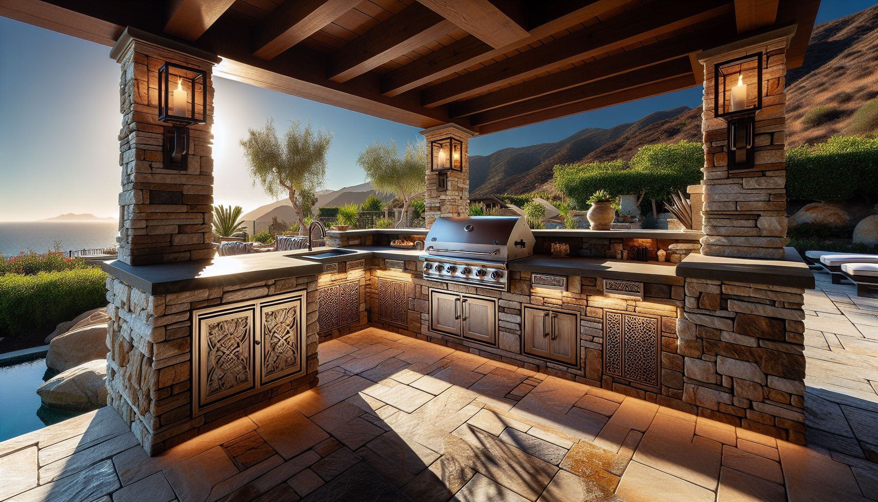 Stone outdoor kitchen with built-in grill