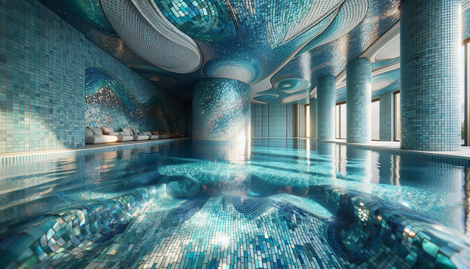 Iridescent glass mosaic pool interior