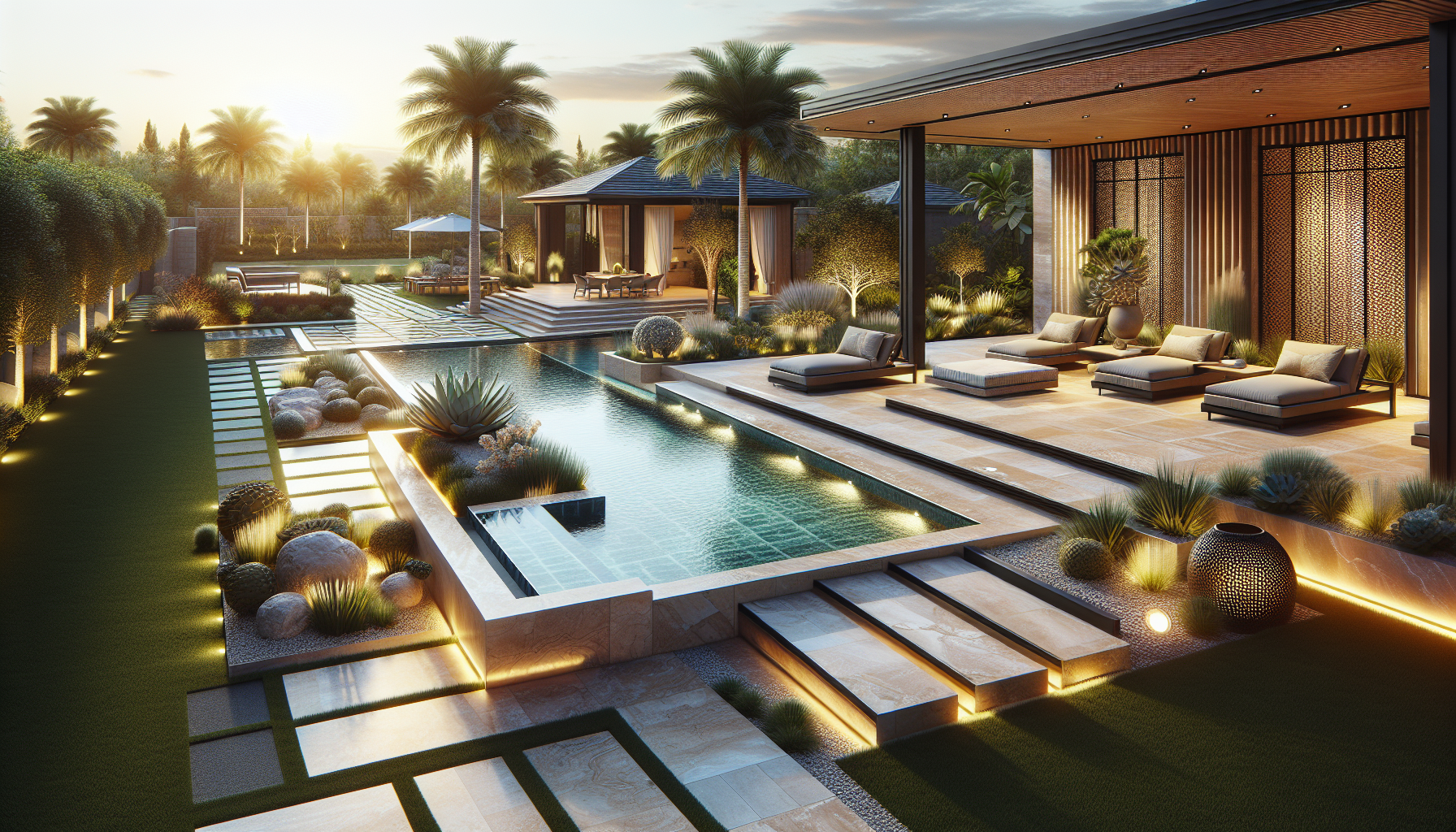 Travertine coping with bullnose edge detail