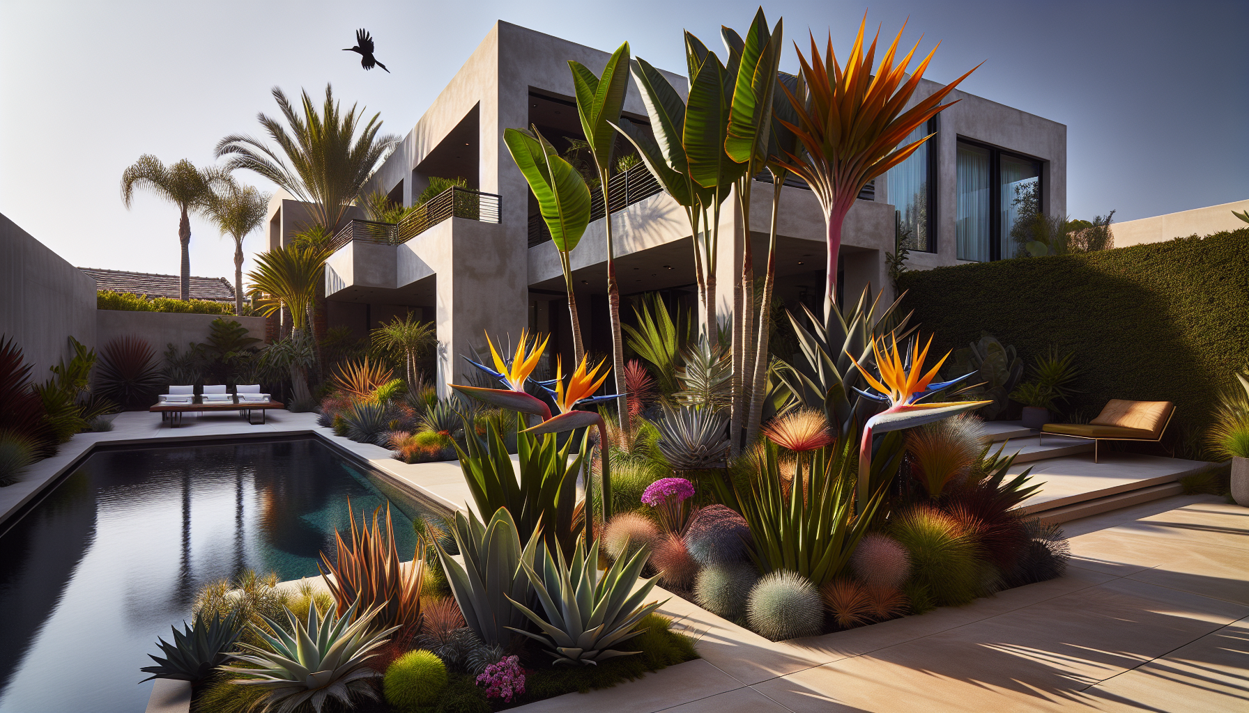 Bold tropical foliage by pool