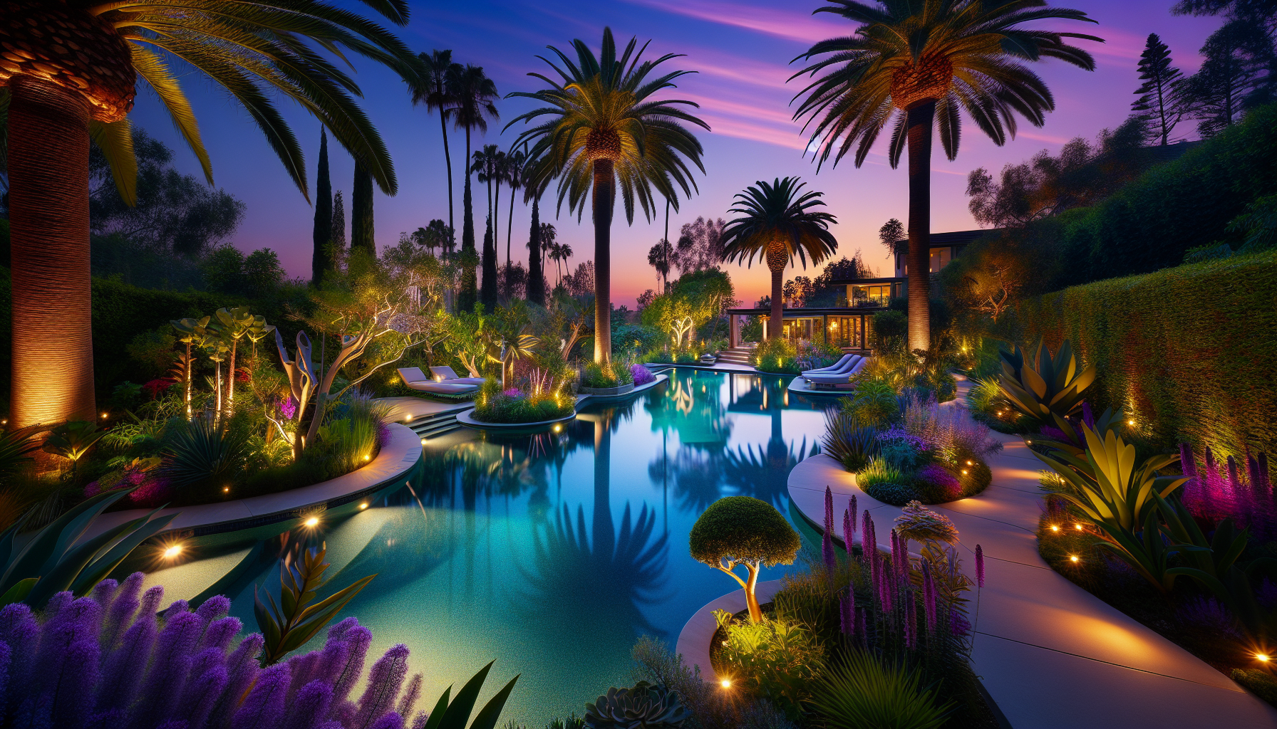 Tropical pool garden in evening light