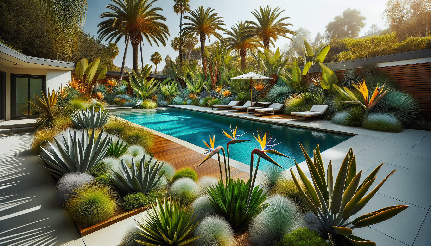 Lush tropical plantings around pool