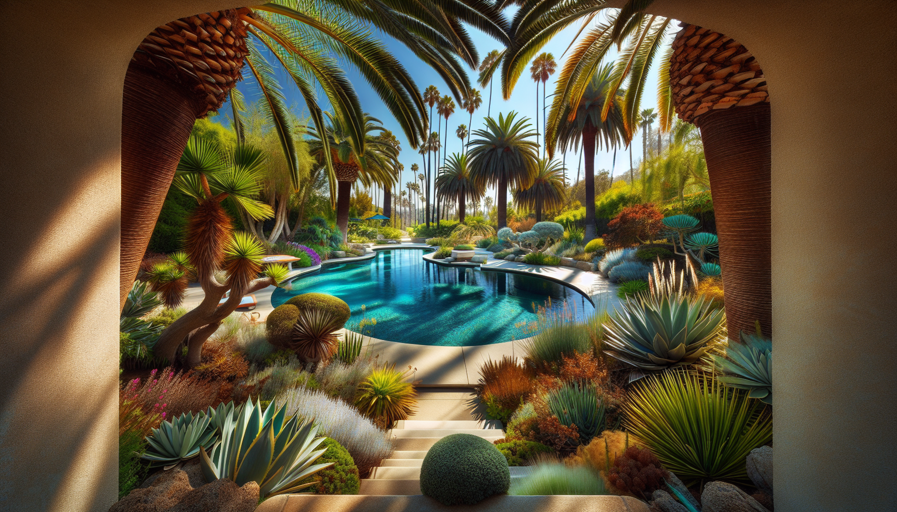 Palm trees beside pool creating tropical atmosphere