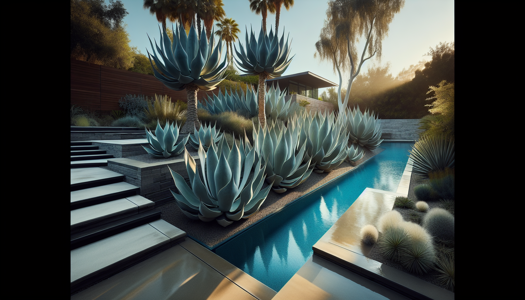 Agave and tropical plants poolside