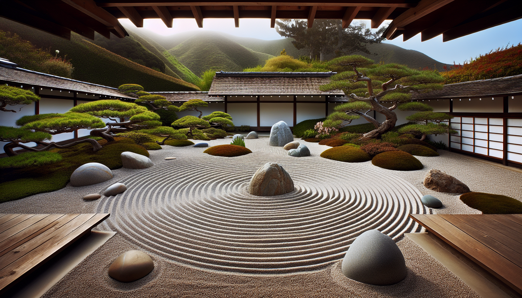 Raked gravel patterns in zen garden