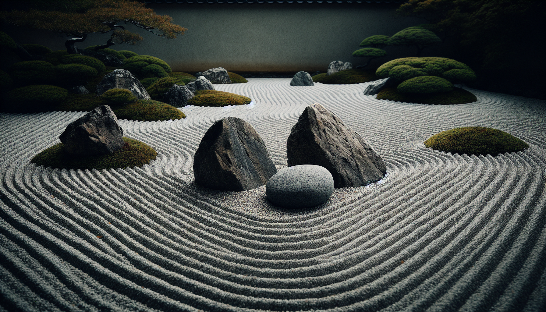 Stone arrangement in raked gravel